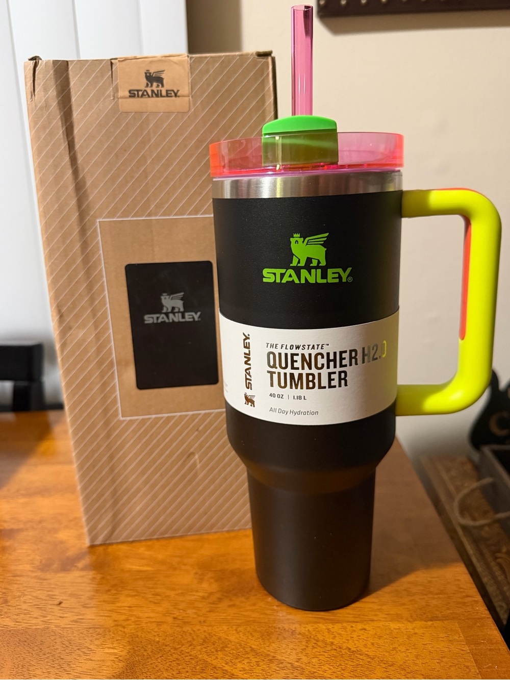 Black Neon Stanley Quencher H2.0 Tumbler - Yellow Handle & Pink Lid/Straw🖤💛🩷🧡💚 - Picture 1 of 6